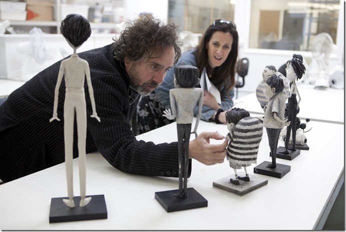 "FRANKENWEENIE"  Director Tim Burton reviews the character maquettes in the Puppet Hospital with Producer Allison Abbate. ©2012 Disney Enterprises, Inc. All Rights Reserved. Photo by: Leah Gallo