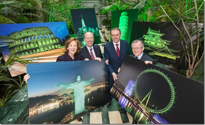 No repro fee
9-2-2017
**Tourism Ireland announces Global Greening line-up for St Patrick’s Day 2017**
PIC SHOWS from left  Joan O’Shaughnessy, Chairman of Tourism Ireland;  Minister for Transport, Tourism and Sport, Shane Ross; Minister of State for the Diaspora and International Development, Joe McHugh;and Niall Gibbons, CEO of Tourism Ireland; at the launch of Tourism Ireland’s Global Greening initiative 2017.One World Trade Center in New York – the main building of the re-built World Trade Center complex in New York and the tallest building in the Western Hemisphere – will join Tourism Ireland’s Global Greening initiative for the first time in 2017. Tourism Ireland today announced details of some of the famous attractions and sites around the world which will go green to mark St Patrick’s Day this year, kicking off the organisation’s major first half promotional drive to grow overseas tourism in 2017.
Further press info – Sinéad Grace, Tourism Ireland tel: 087-685 9027
Pic:Naoise Culhane no fee